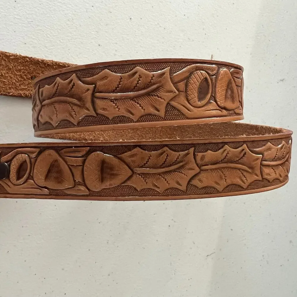 Justin Top Grain Cowhide Leather Tooled Western Belt Sz 28 Brown Cowboy